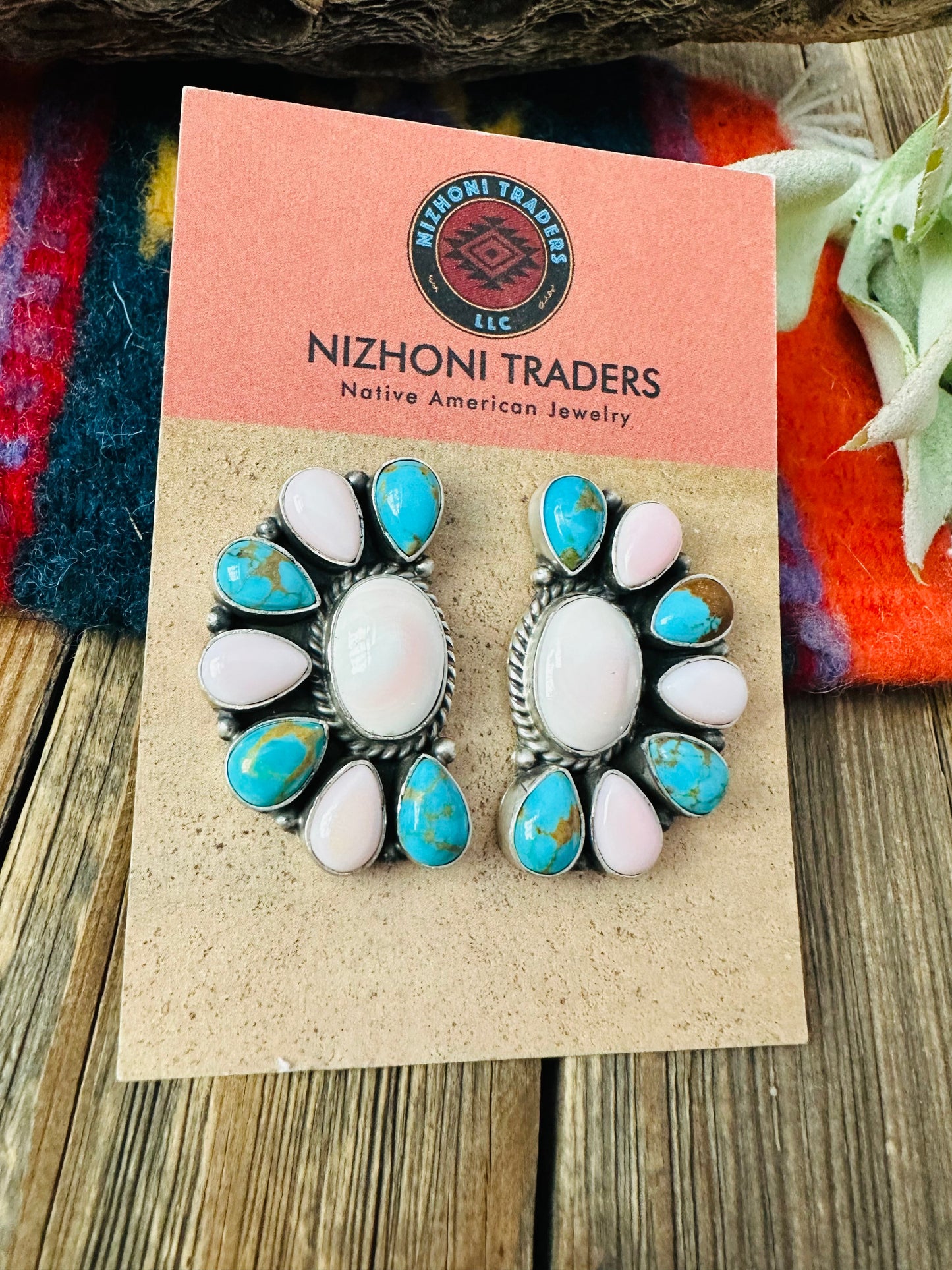 Navajo Turquoise, Queen Pink Conch & Sterling Silver Cluster Stud Earrings