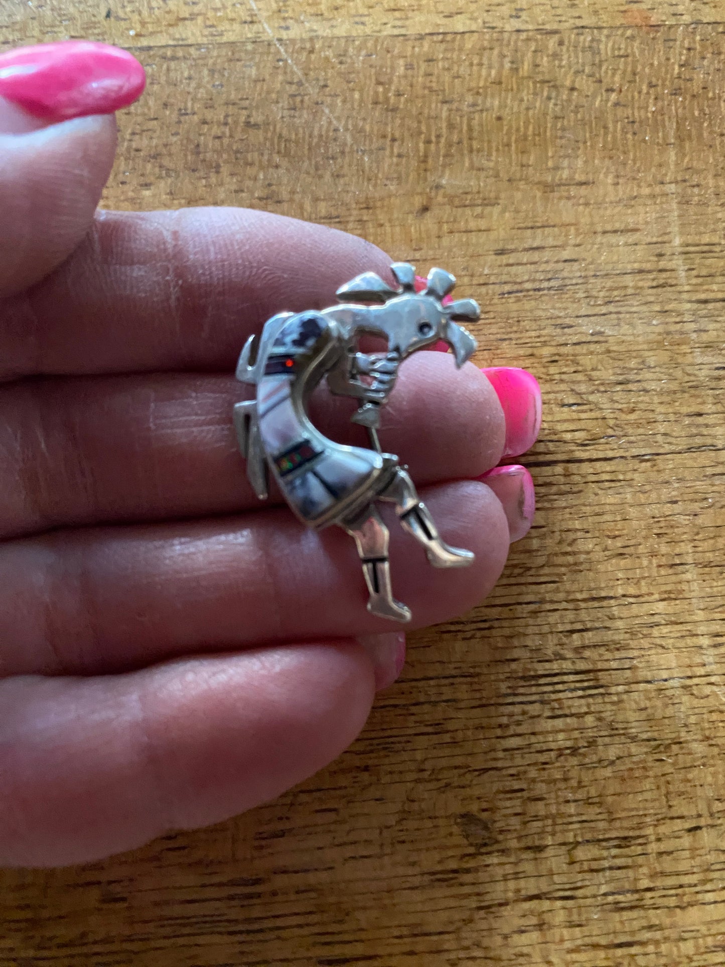 Navajo Onyx, Purple Spiny and Fire Opal Sterling Silver Kokopelli Pin Pendant