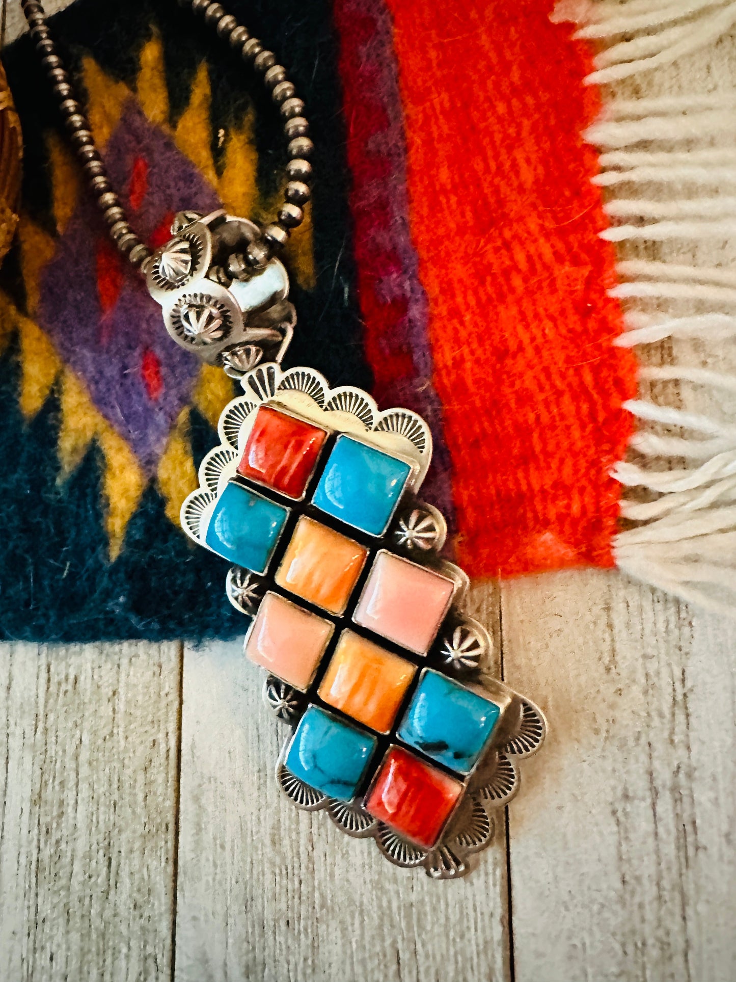 Navajo Multi Stone and Sterling Silver Cluster Pendant by Charles Johnson