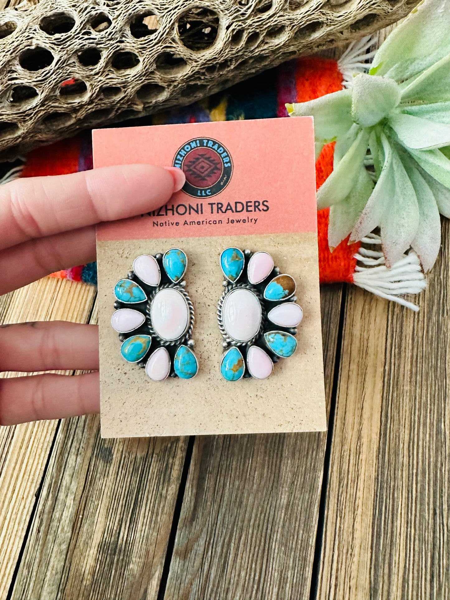 Navajo Turquoise, Queen Pink Conch & Sterling Silver Cluster Stud Earrings