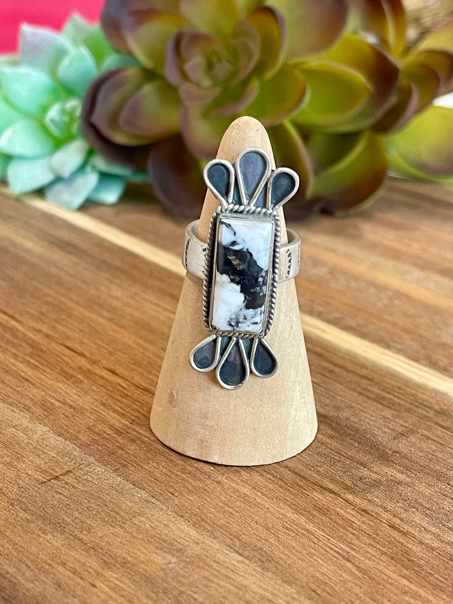 Beautiful Handmade White Buffalo And Sterling Silver Adjustable Ring