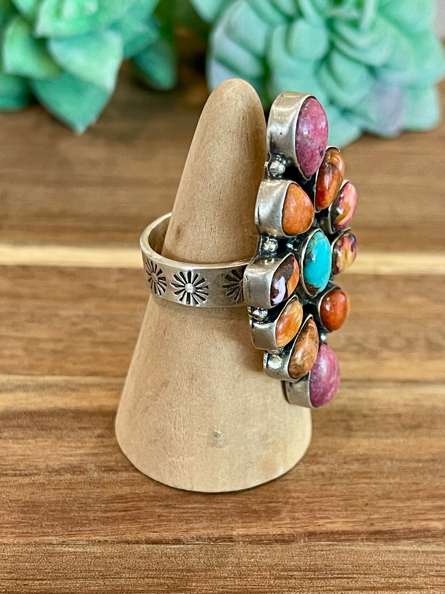 Beautiful Handmade Multi Stone And Sterling Silver Adjustable Ring