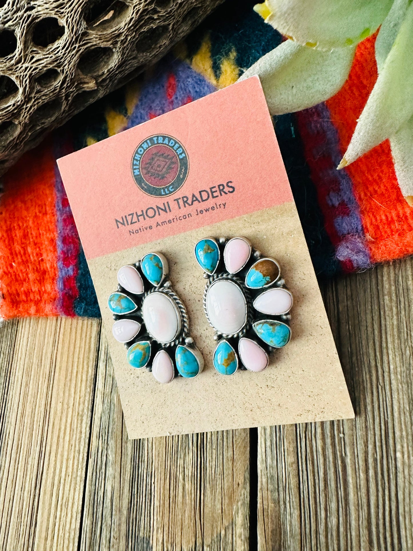 Navajo Turquoise, Queen Pink Conch & Sterling Silver Cluster Stud Earrings