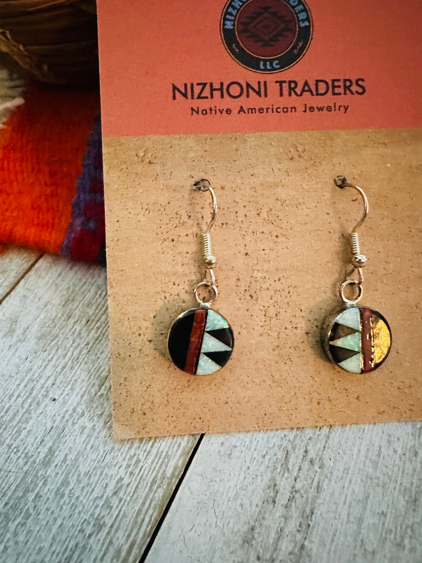 Zuni Multi Stone & Sterling Silver Inlay Dangle Earrings