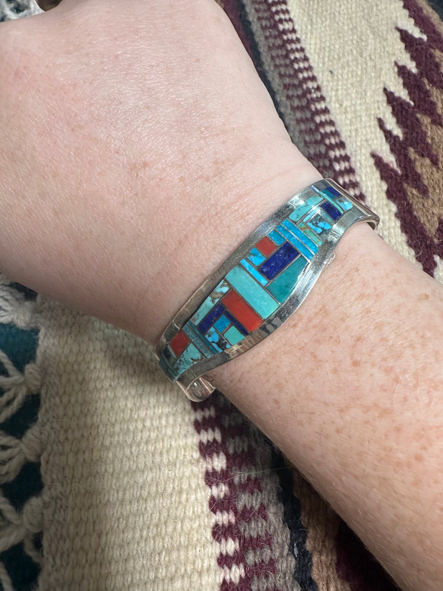 Navajo Multi Stone & Sterling Silver Inlay Cuff Bracelet Signed Patricia Becenti