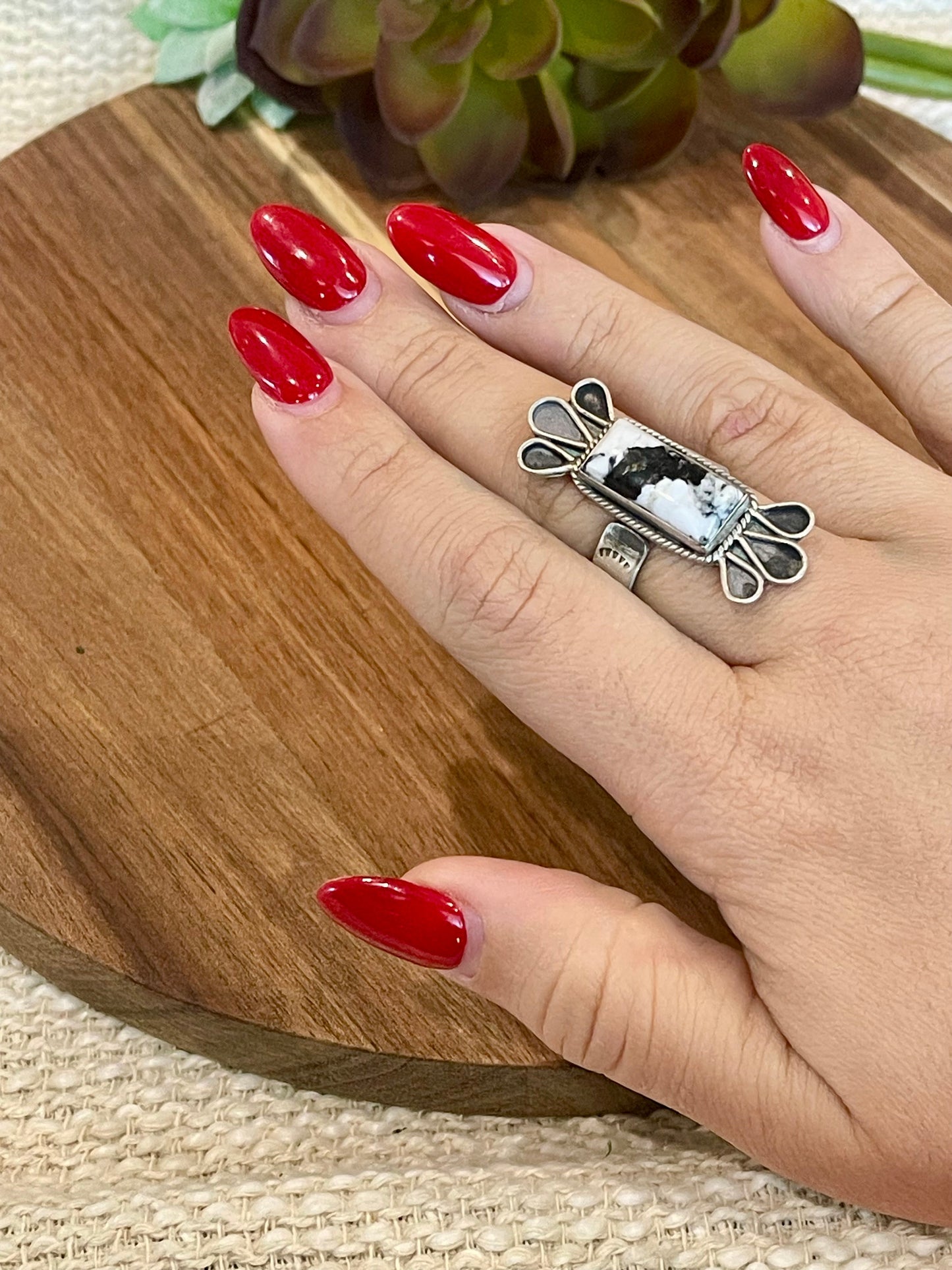 Beautiful Handmade White Buffalo And Sterling Silver Adjustable Ring