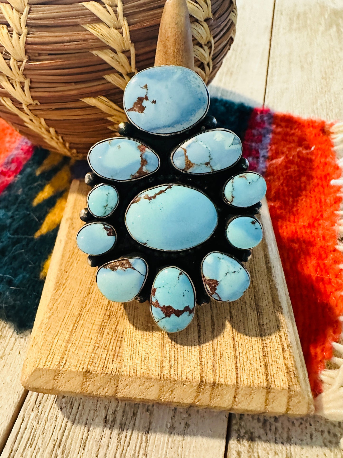 Navajo Golden Hills Turquoise & Sterling Silver Cluster Ring Size 8.25 by Ben Yellowhorse