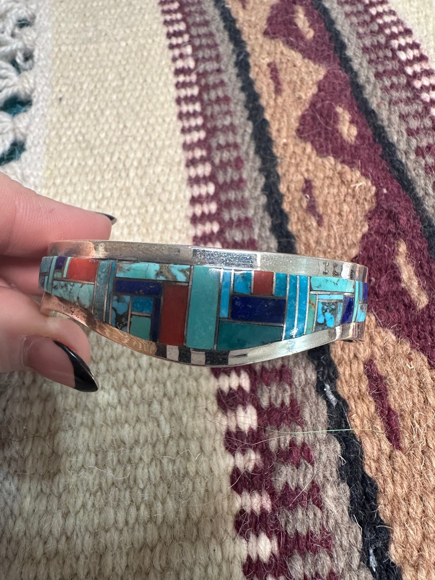Navajo Multi Stone & Sterling Silver Inlay Cuff Bracelet Signed Patricia Becenti