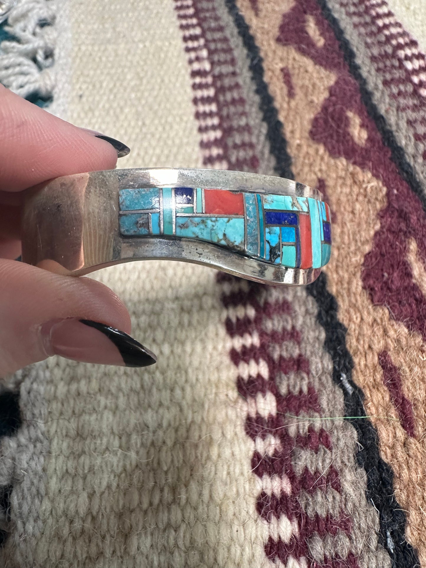 Navajo Multi Stone & Sterling Silver Inlay Cuff Bracelet Signed Patricia Becenti