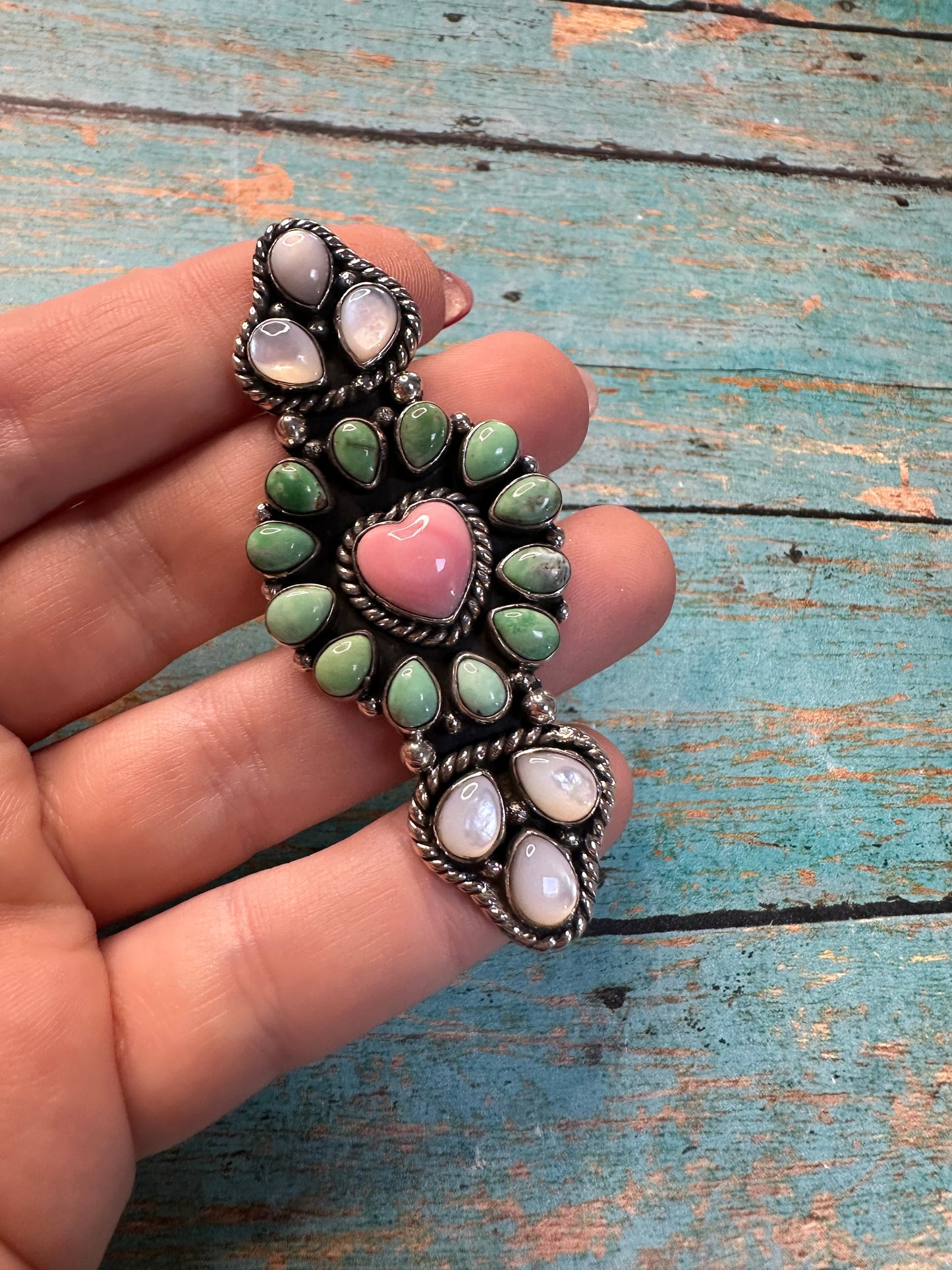 Beautiful Handmade Mother of Pearl, Turquoise, Pink Conch And Sterling Silver Adjustable Cluster Heart Ring