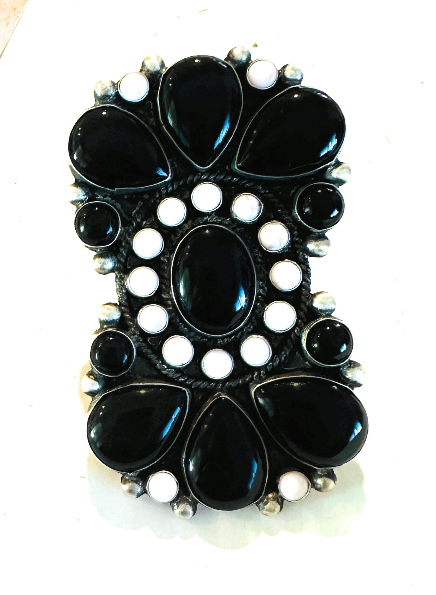 Navajo Sterling Silver, Onyx & Queen Pink Conch Cluster Adjustable Ring