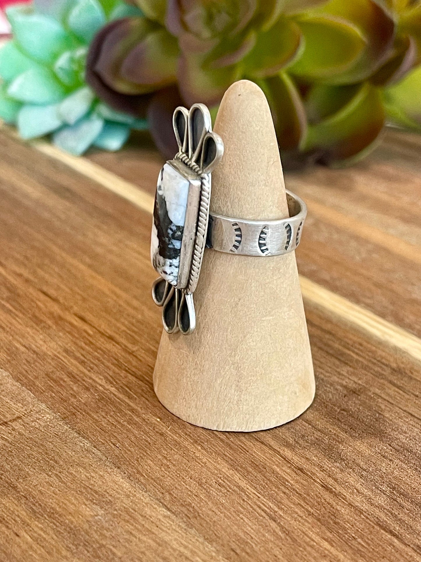 Beautiful Handmade White Buffalo And Sterling Silver Adjustable Ring