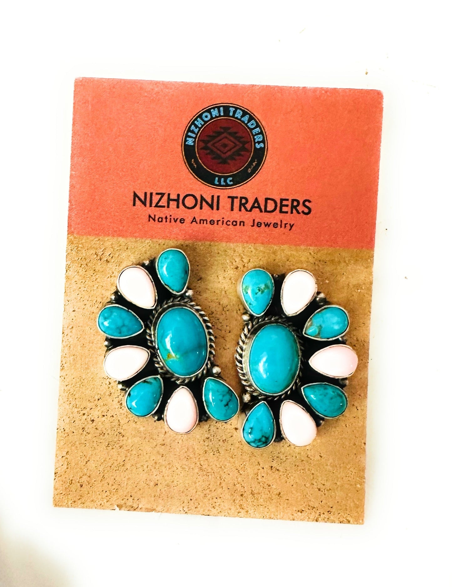 Navajo Turquoise, Queen Pink Conch & Sterling Silver Cluster Stud Earrings