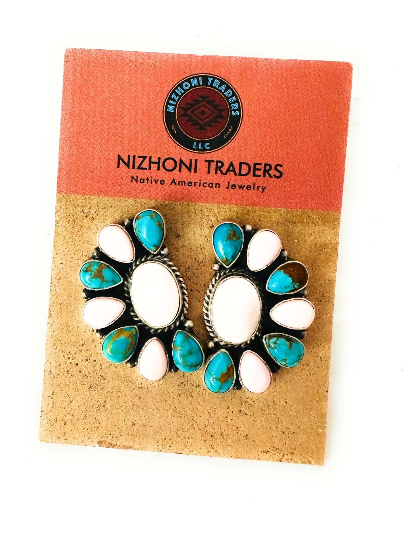 Navajo Turquoise, Queen Pink Conch & Sterling Silver Cluster Stud Earrings