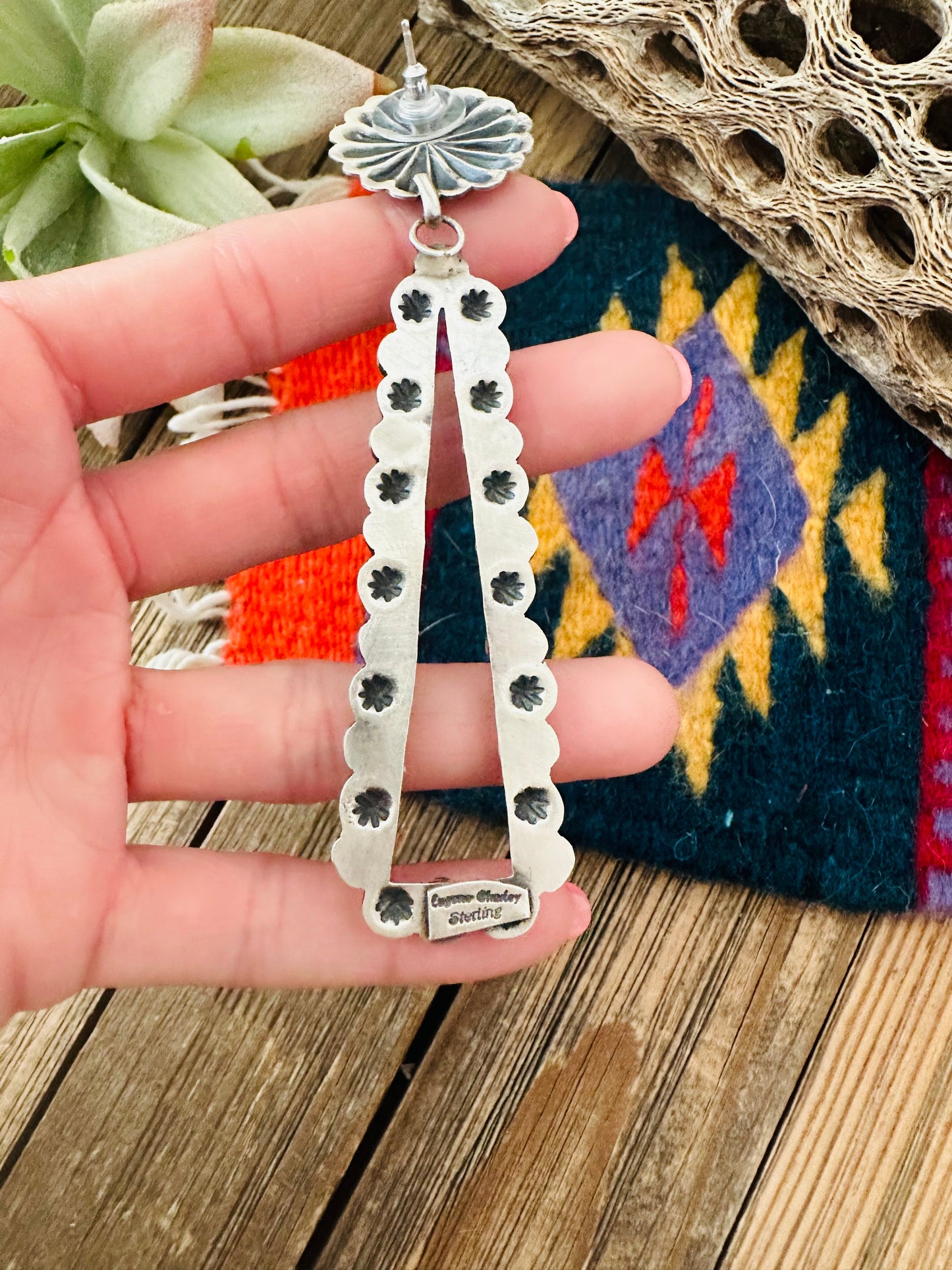 Navajo Sterling Silver & Turquoise Concho Dangle Earrings By Eugene Charley