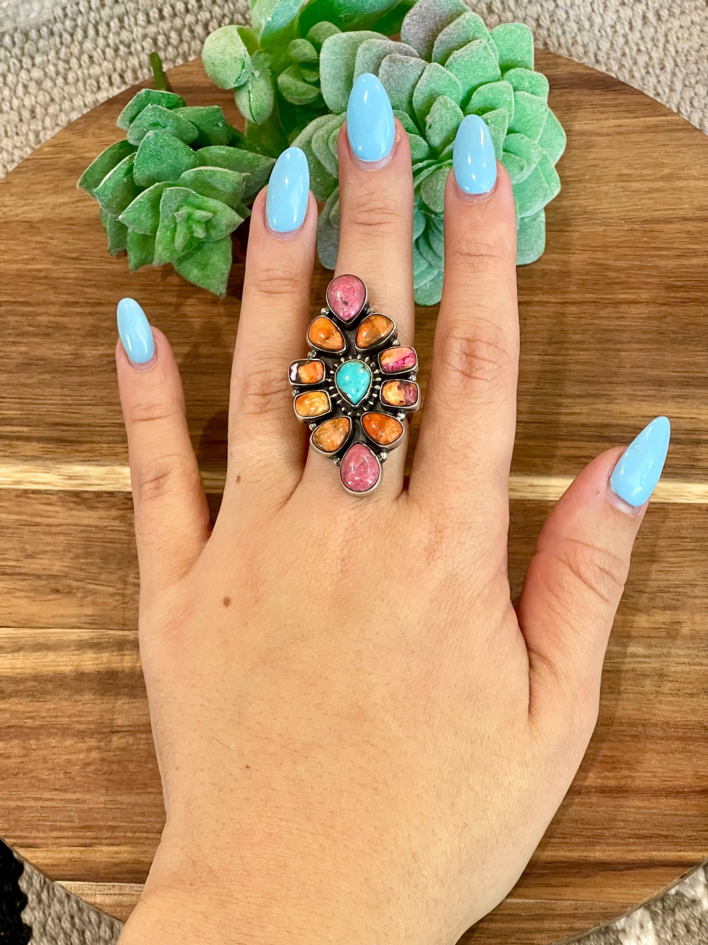 Beautiful Handmade Multi Stone And Sterling Silver Adjustable Ring