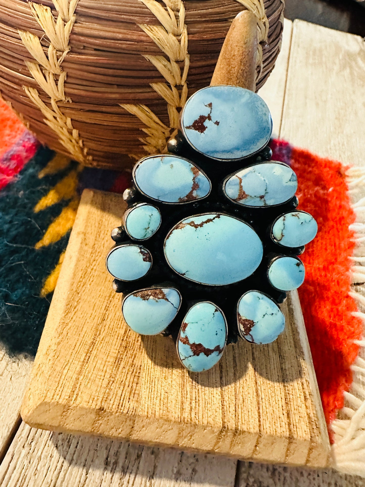 Navajo Golden Hills Turquoise & Sterling Silver Cluster Ring Size 8.25 by Ben Yellowhorse