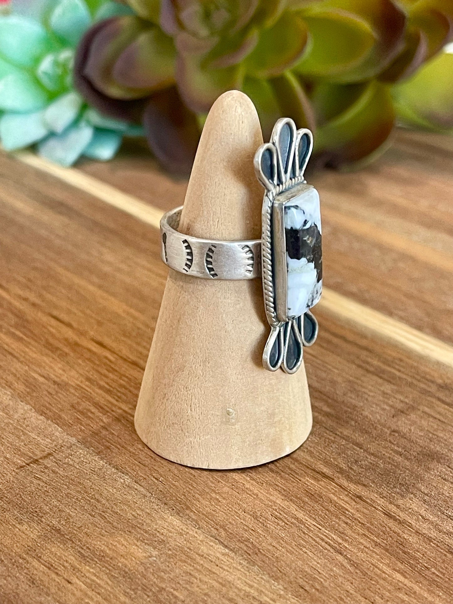 Beautiful Handmade White Buffalo And Sterling Silver Adjustable Ring