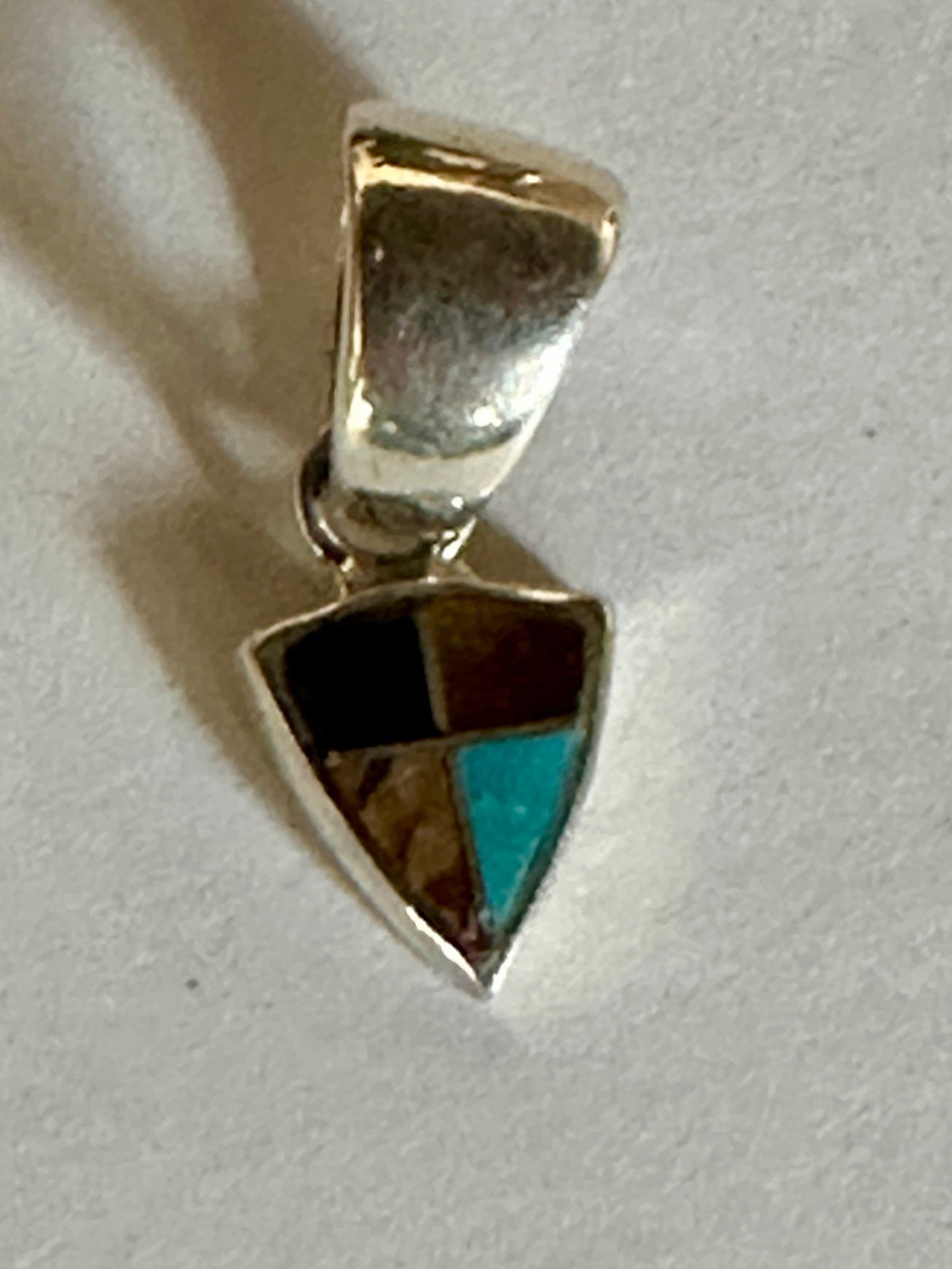 Navajo Turquoise, Onyx, Petrified Wood Triangle Pendant