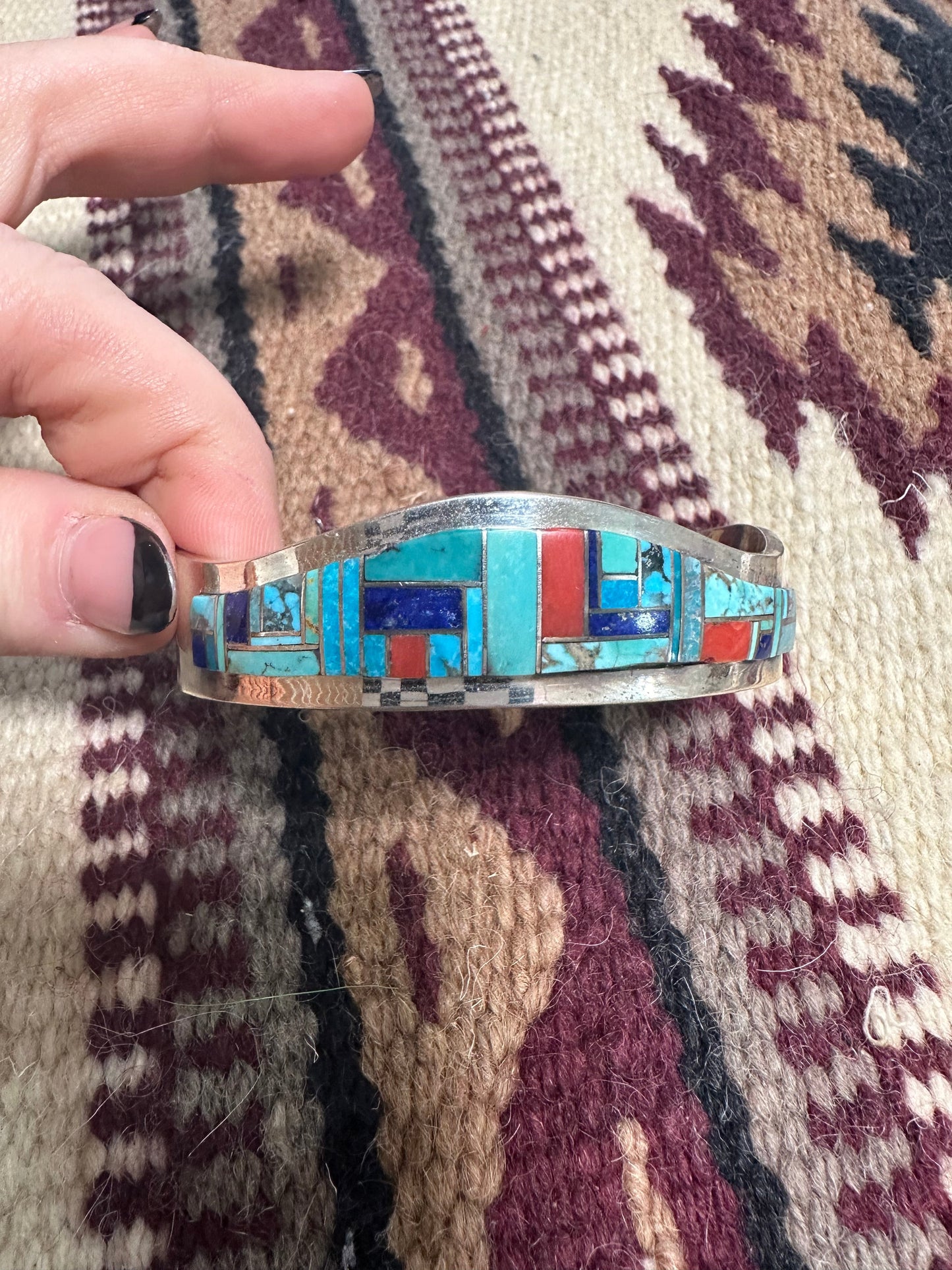 Navajo Multi Stone & Sterling Silver Inlay Cuff Bracelet Signed Patricia Becenti