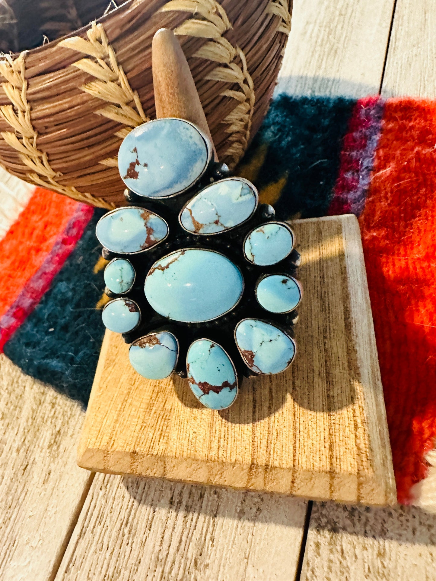Navajo Golden Hills Turquoise & Sterling Silver Cluster Ring Size 8.25 by Ben Yellowhorse