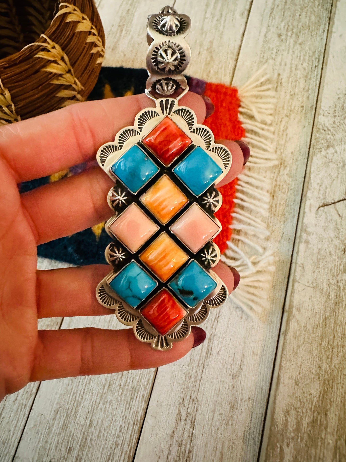 Navajo Multi Stone and Sterling Silver Cluster Pendant by Charles Johnson