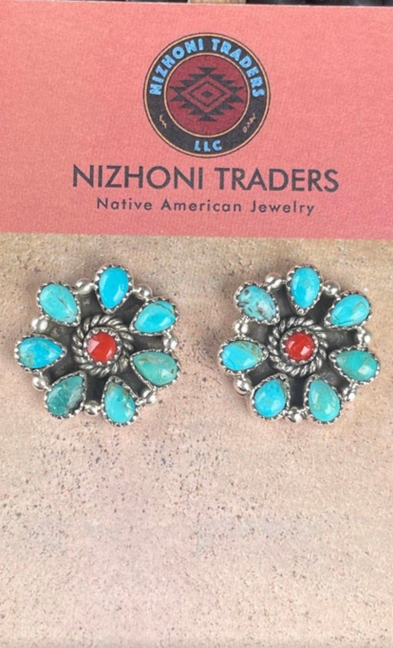 Handmade Turquoise & Coral Post Earrings Signed Nizhoni