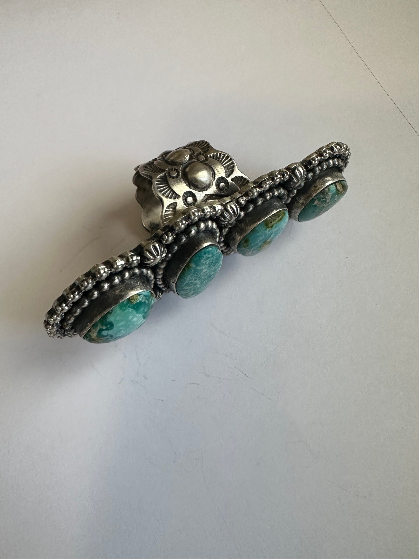 Navajo Sonoran Mountain Turquoise & Sterling Silver 4 Stone Ring Size 7.5 Signed