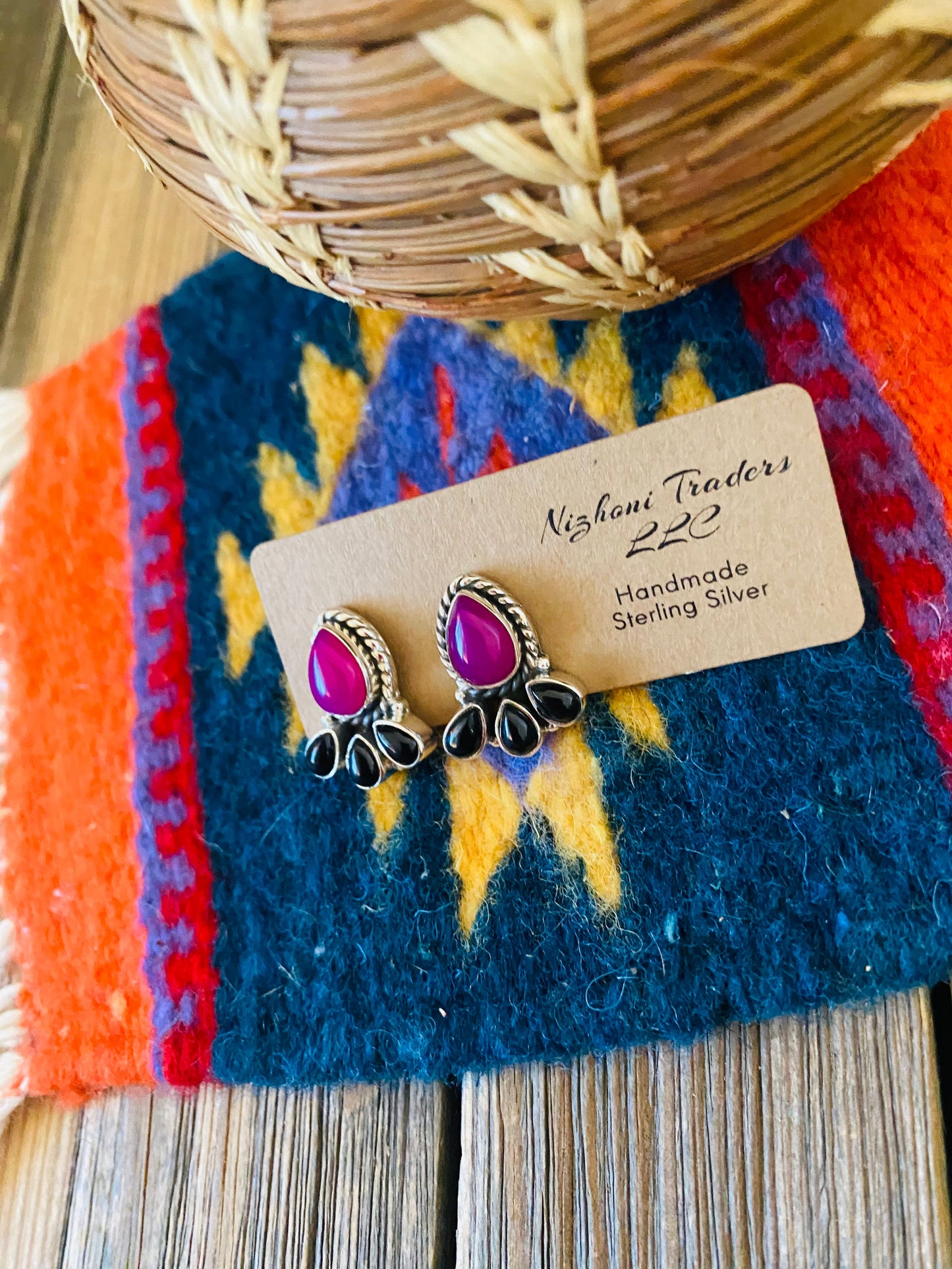 Handmade Pink and Black Onyx Sterling Silver Post Earrings Signed Nizhoni
