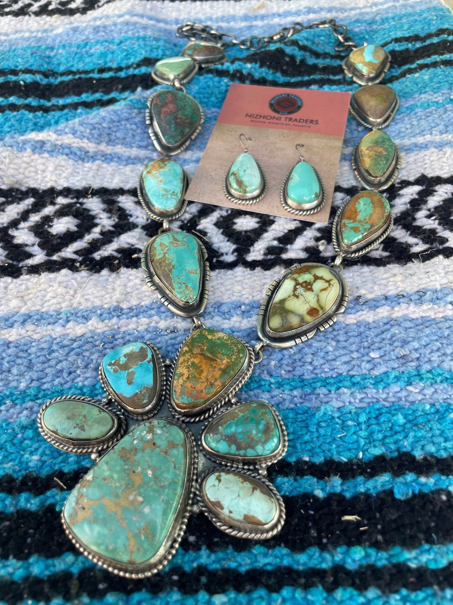 Navajo Sterling Silver & Royston Turquoise Necklace & Earring Set Signed RB