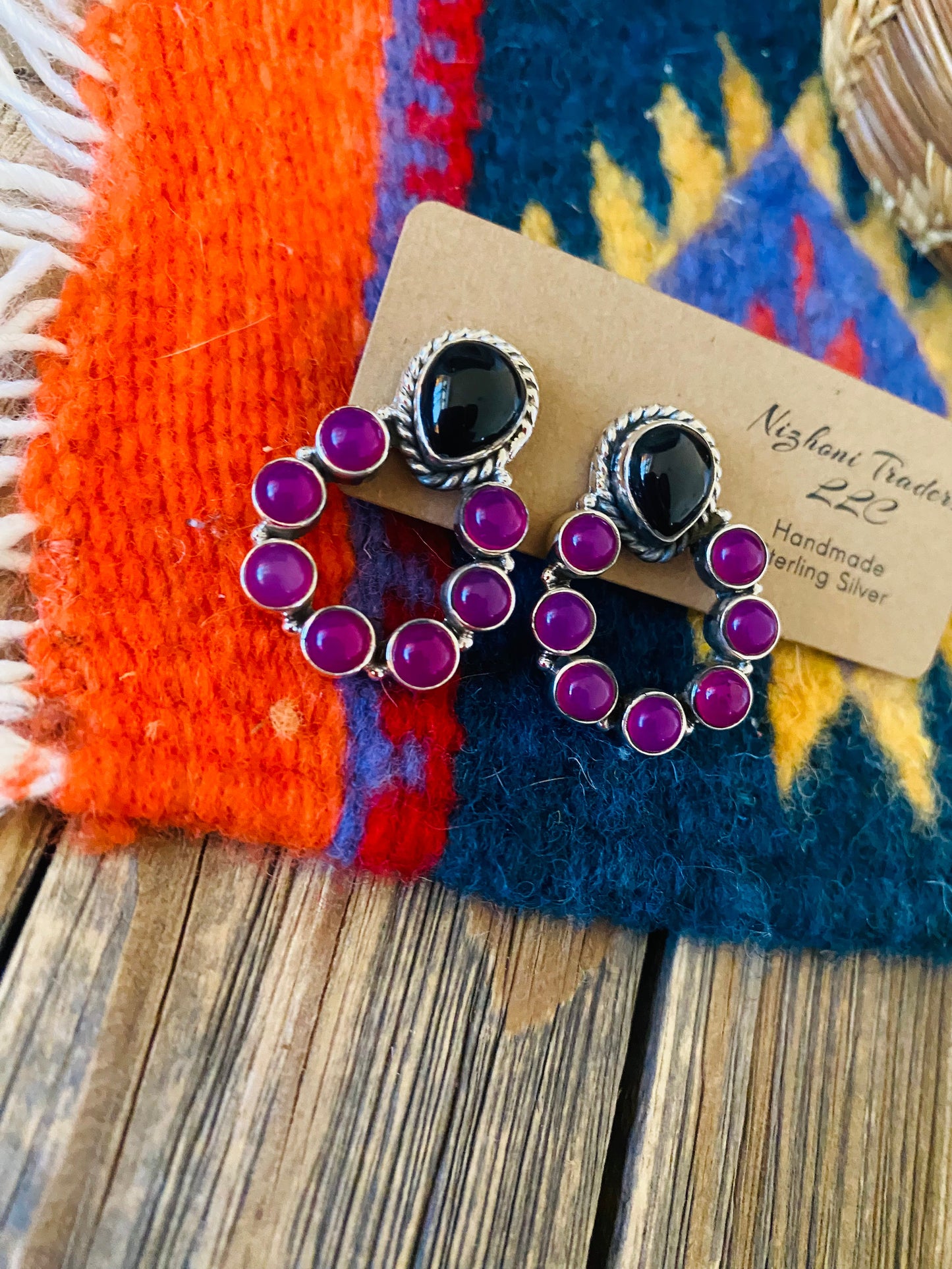 Handmade Pink and Black Onyx Sterling Silver Post Earrings Signed Nizhoni