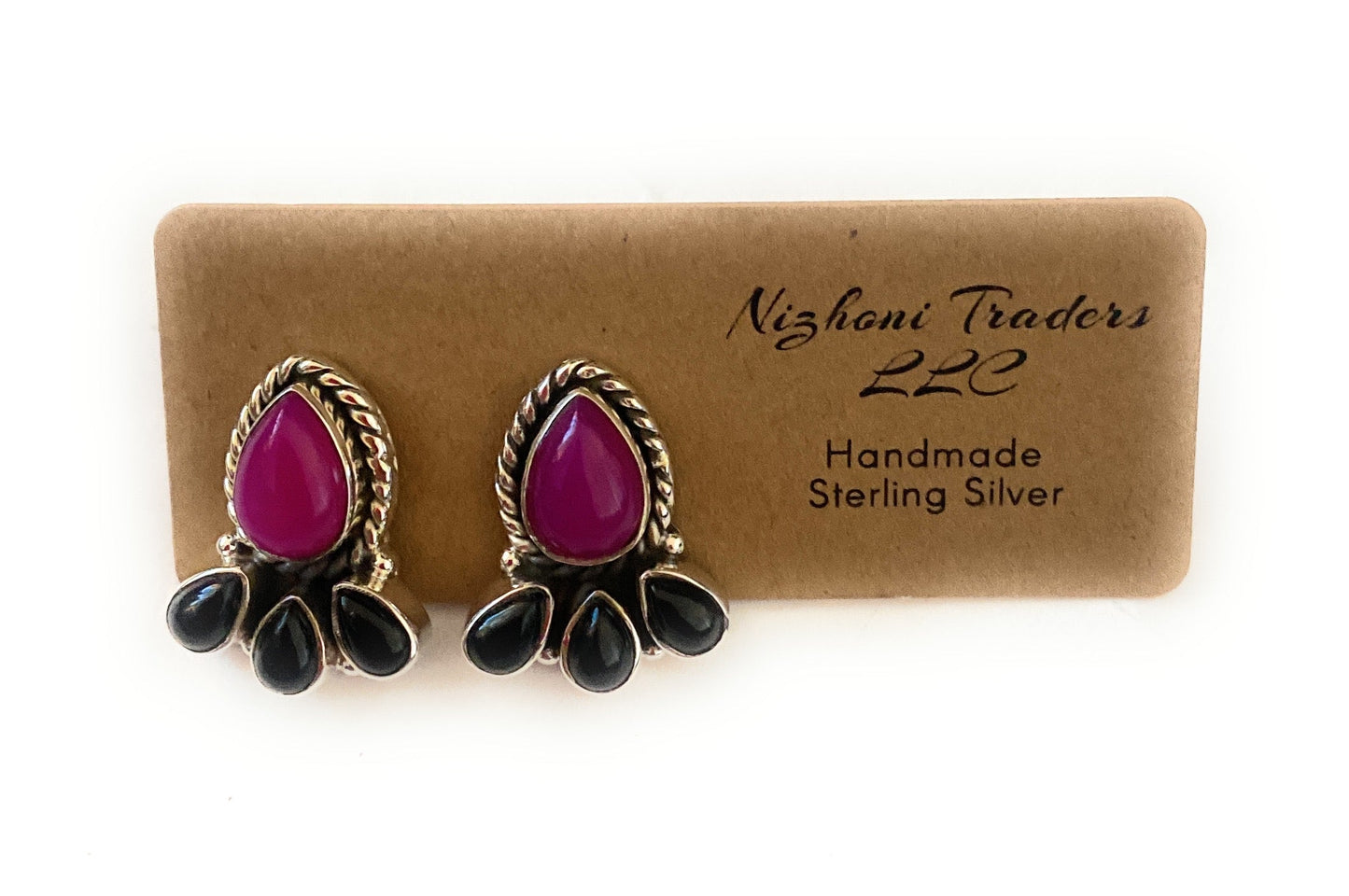 Handmade Pink and Black Onyx Sterling Silver Post Earrings Signed Nizhoni