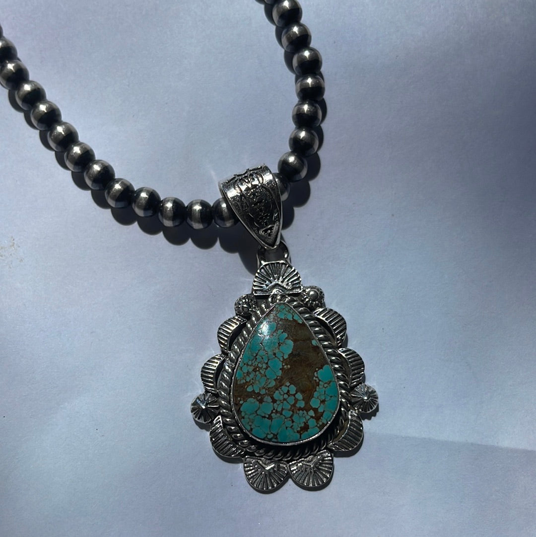 Handmade Sterling Silver & Number 8 Turquoise Pendant Signed Nizhoni