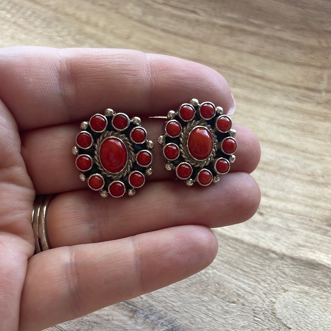 Vintage Navajo Natural Coral And Sterling Silver Post Earrings