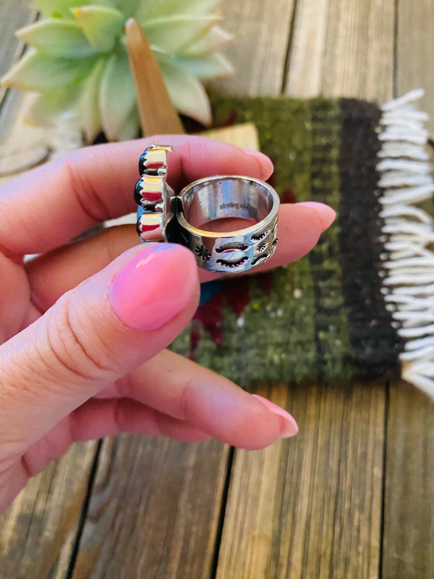 Handmade Sterling Silver, Opalite & Onyx Cluster Adjustable Ring