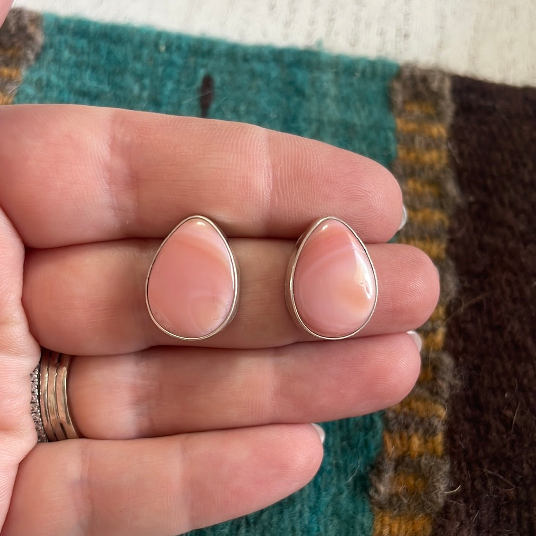 Navajo Sterling Silver & Pink Conch Tear Drop Stud Earrings Signed