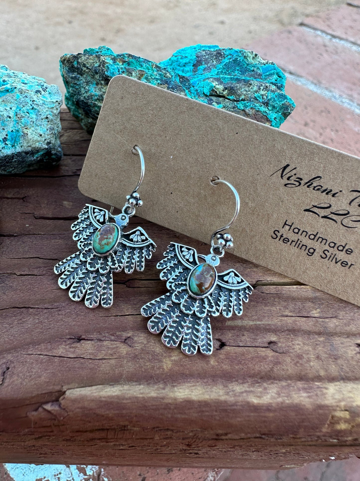 Handmade Royston Turquoise & Sterling Silver Thunderbird Dangle Earrings