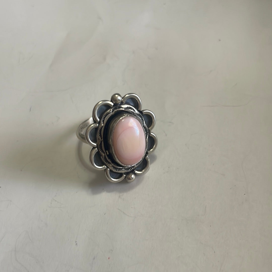 Gorgeous Navajo Pink Peruvian Opal And Sterling Silver Adjustable Ring Signed