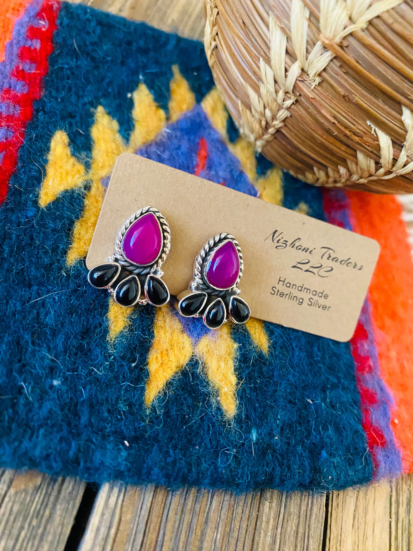 Handmade Pink and Black Onyx Sterling Silver Post Earrings Signed Nizhoni