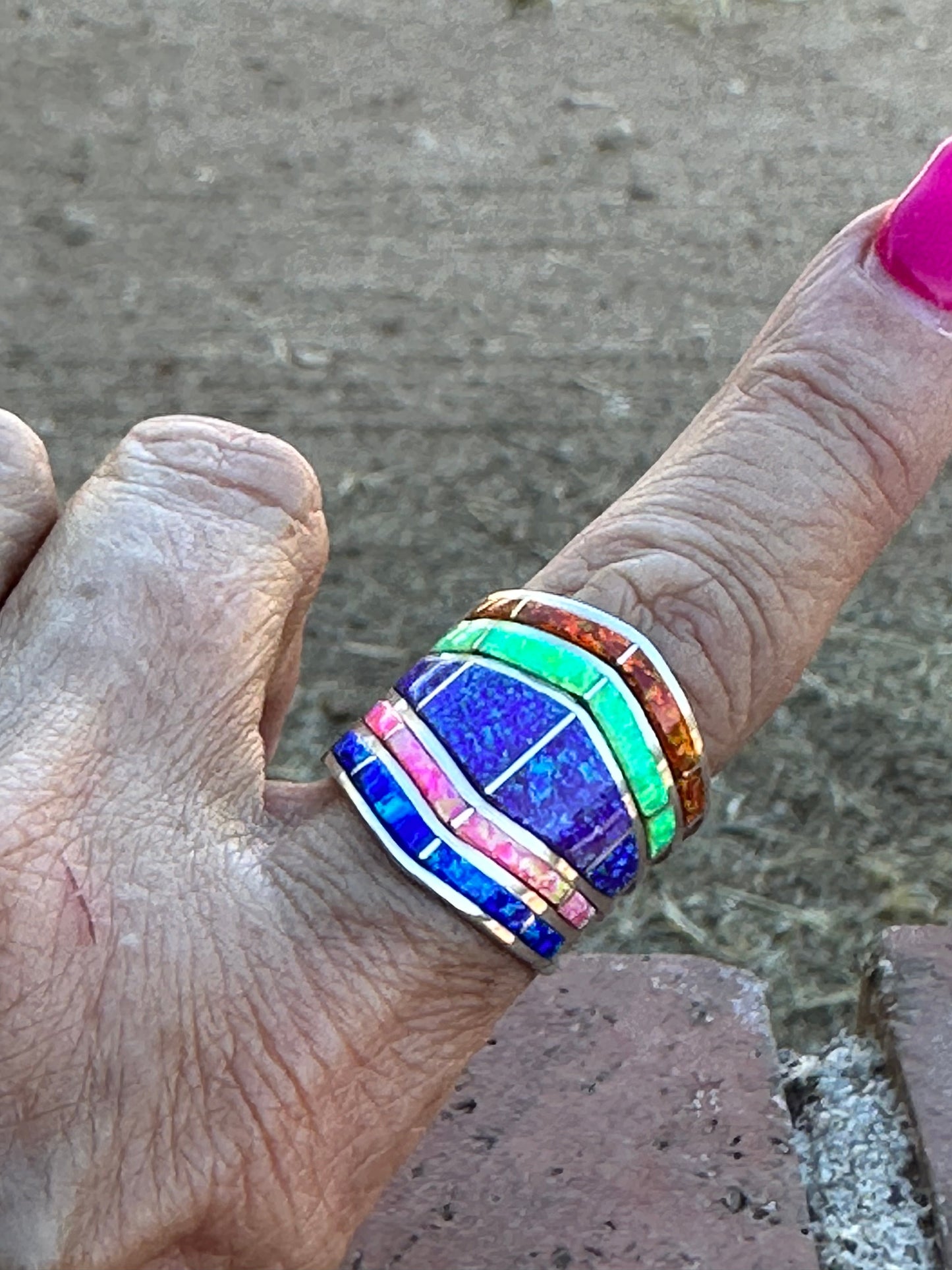 Zuni Sterling Silver Tri Color Opal Inlay Stacker Ring