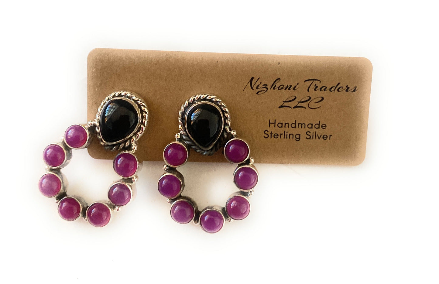 Handmade Pink and Black Onyx Sterling Silver Post Earrings Signed Nizhoni