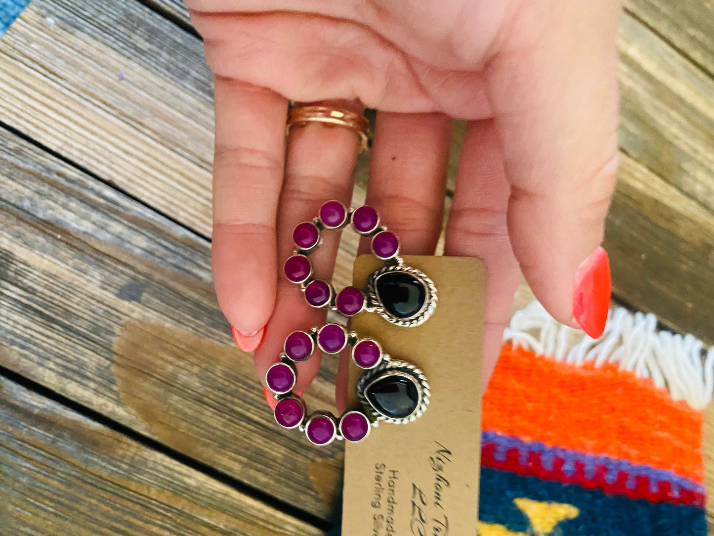 Handmade Pink and Black Onyx Sterling Silver Post Earrings Signed Nizhoni