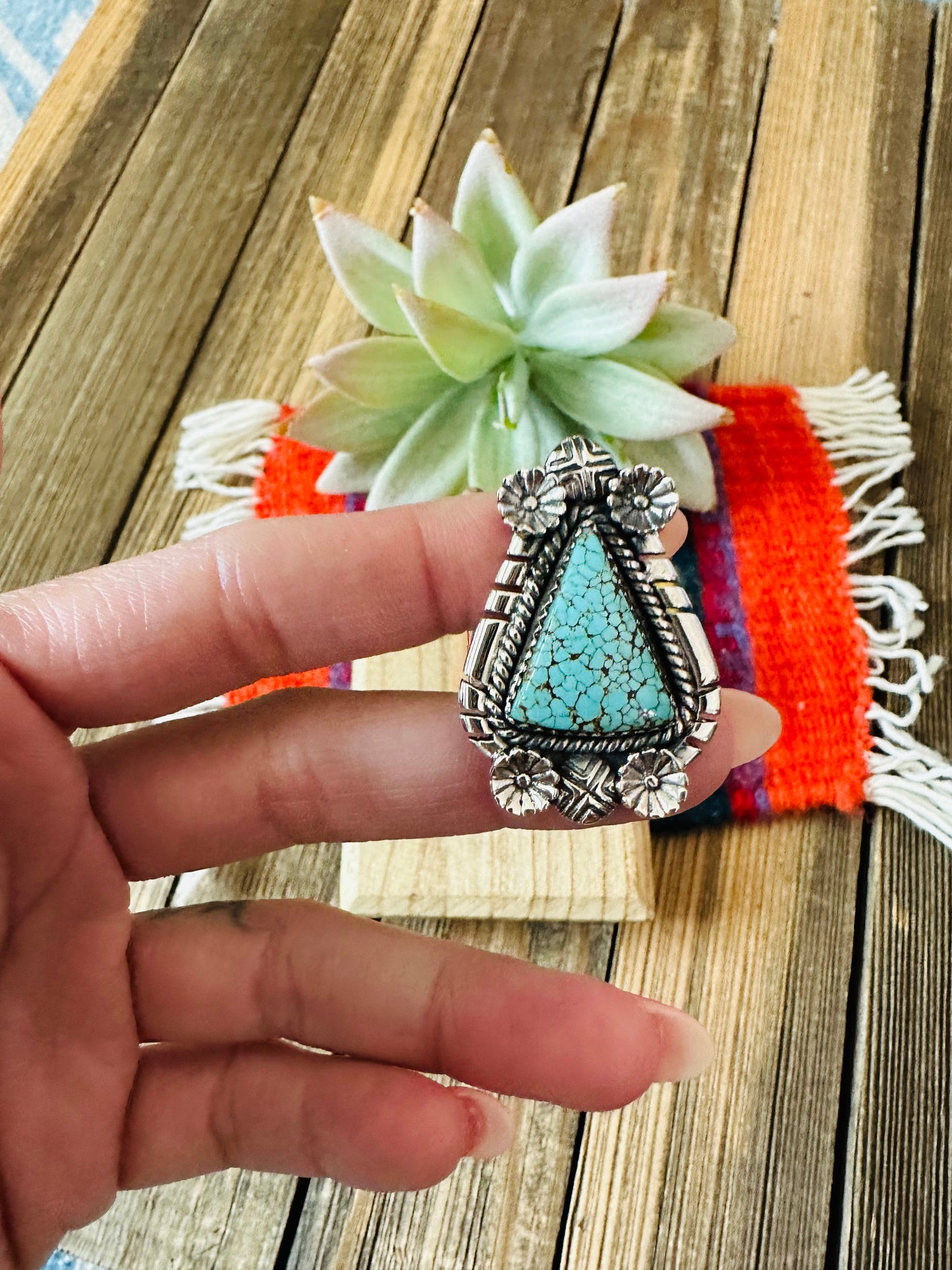 Handmade Sterling Silver & Number 8 Turquoise Adjustable Ring