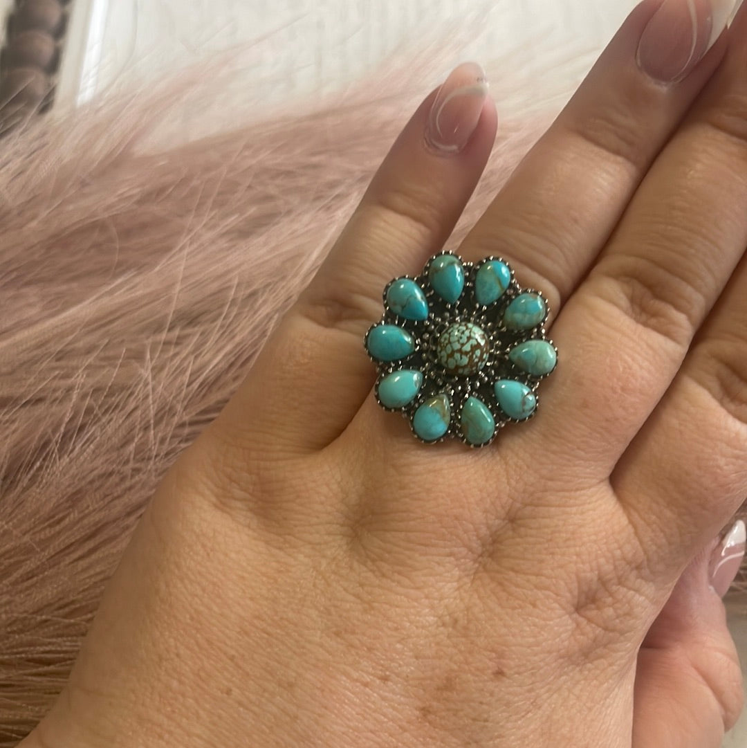 Turquoise Petals Handmade Adjustable Turquoise Sterling Silver Flower Ring