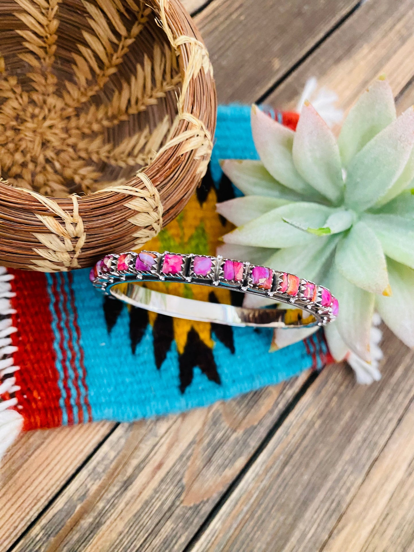 Handmade Pink Dream Mojave & Sterling Silver Bangle Bracelet