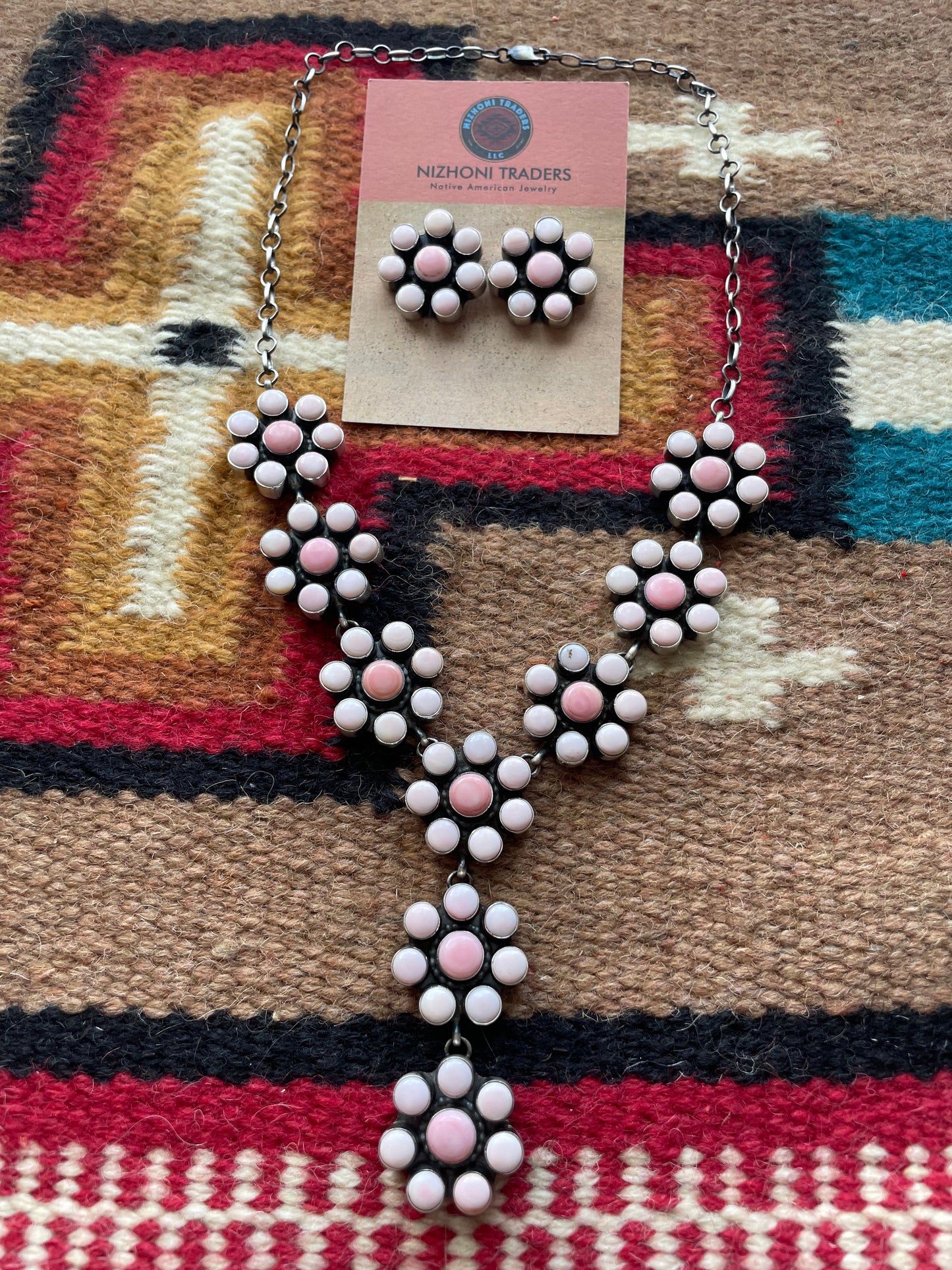 Navajo Queen Pink Conch Shell And Sterling Silver Necklace Earrings Set Signed