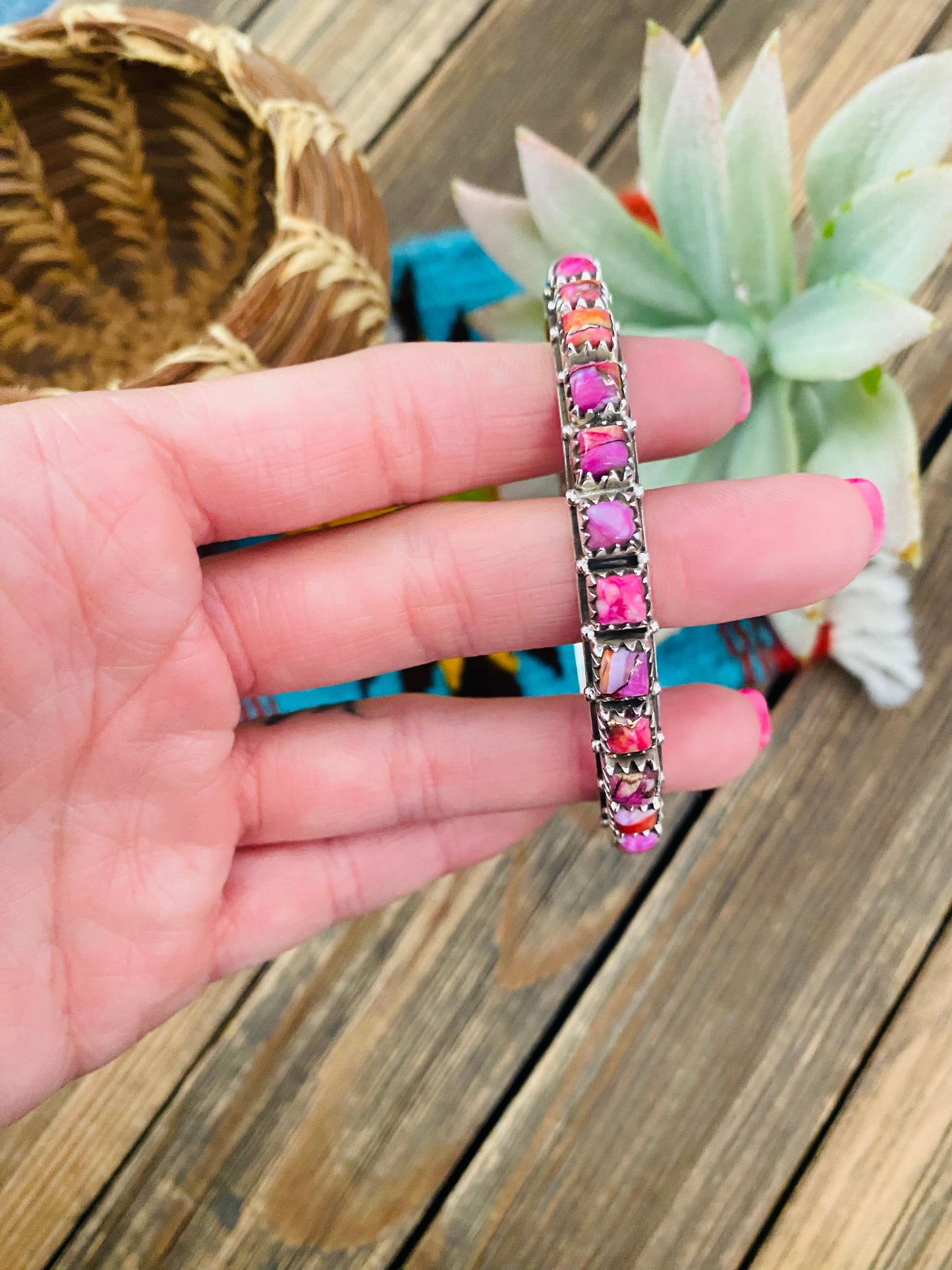 Handmade Pink Dream Mojave & Sterling Silver Bangle Bracelet
