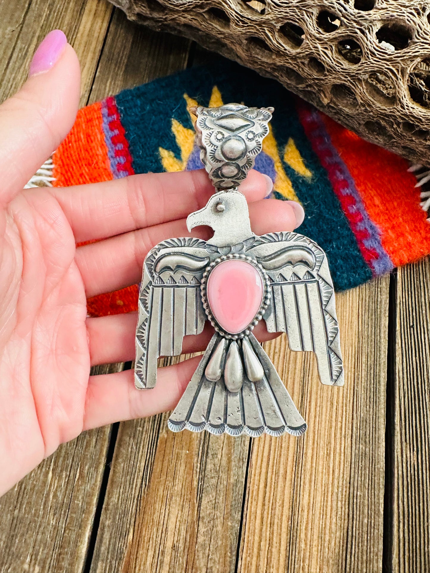 Navajo Queen Pink Conch & Sterling Silver Thunderbird Pendant By Shawn Cayatineto