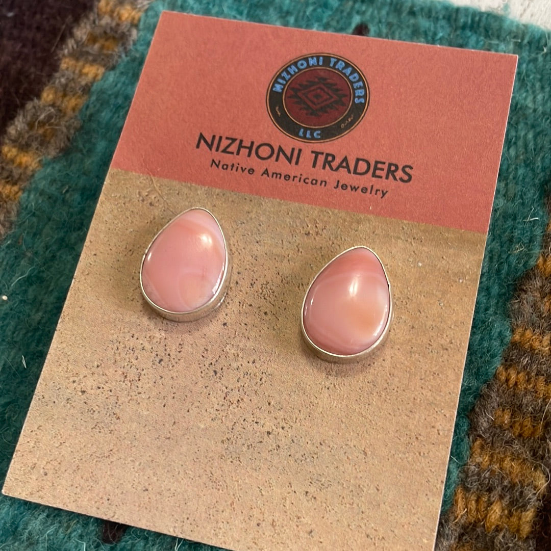 Navajo Sterling Silver & Pink Conch Tear Drop Stud Earrings Signed