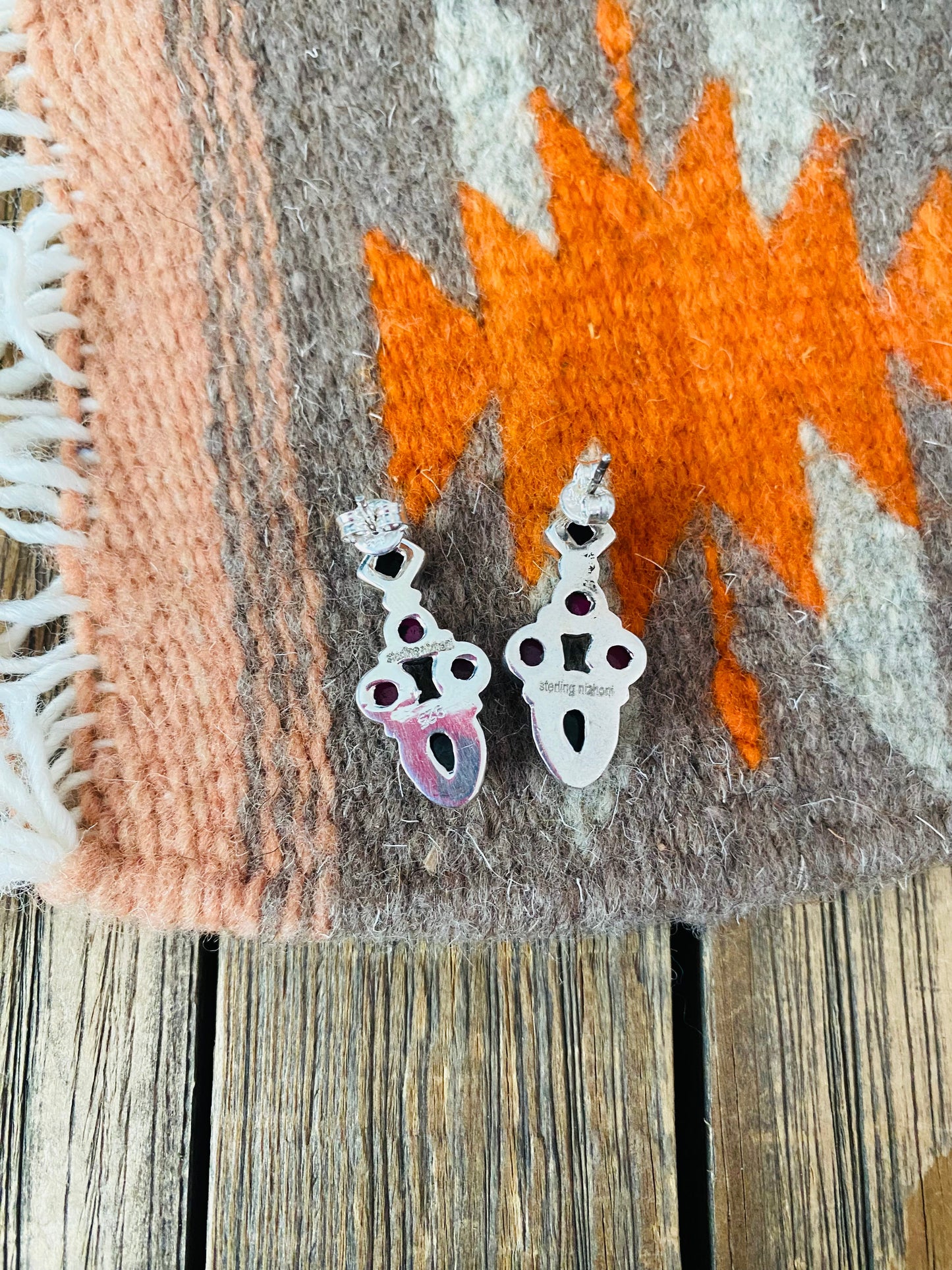 Handmade Pink & Black Onyx Sterling Silver Post Earrings Signed Nizhoni